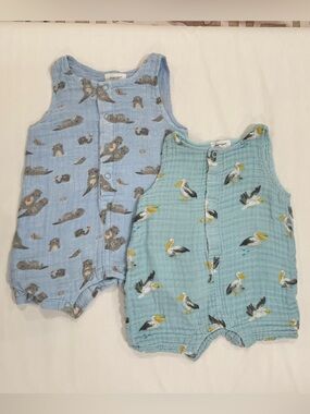 Angel Dear Light Blue & Teal Muslin Baby Rompers Set - Pelican & Otter Prints